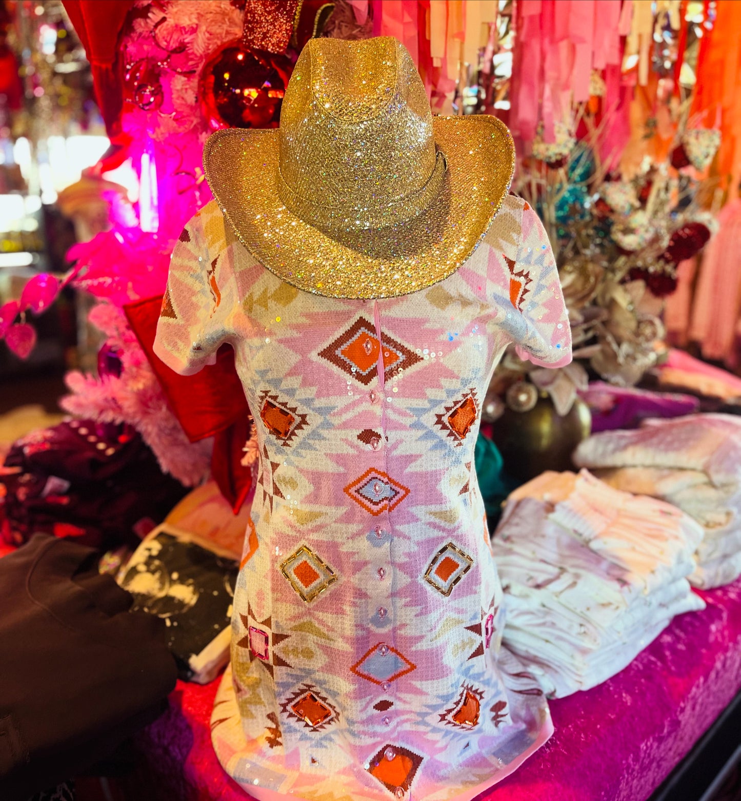 PINK SEQUIN AZTEC DRESS