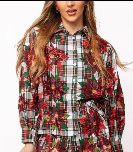 PLAID POINSETTA BUTTON UP