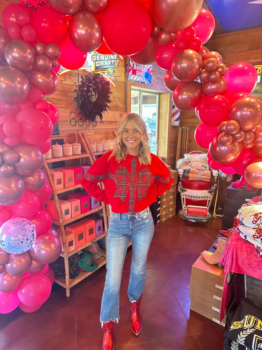 RED PLAID BOW SWEATSHIRT