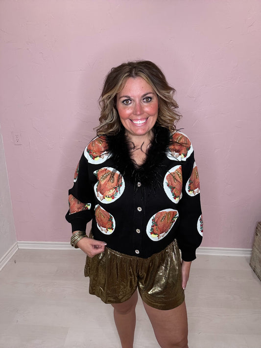 BLACK TURKEY FEATHER NECK CARDIGAN