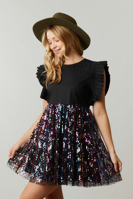 RAINBOW/BLACK POPLIN DRESS