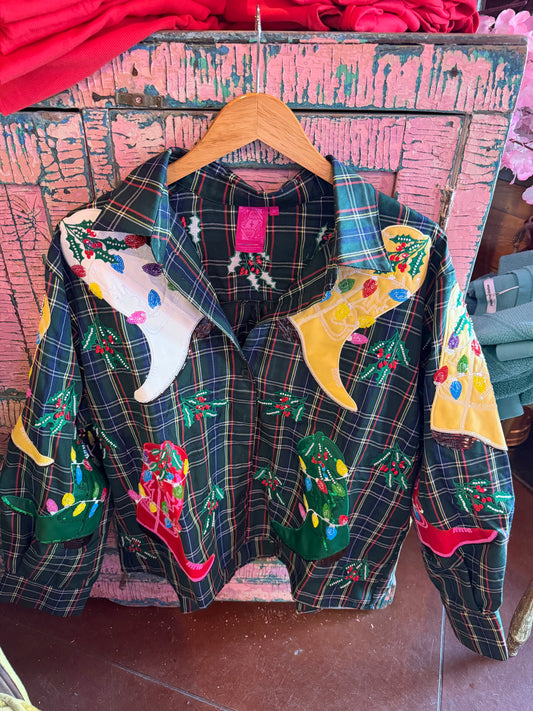 Green Plaid Christmas Boot Button Up