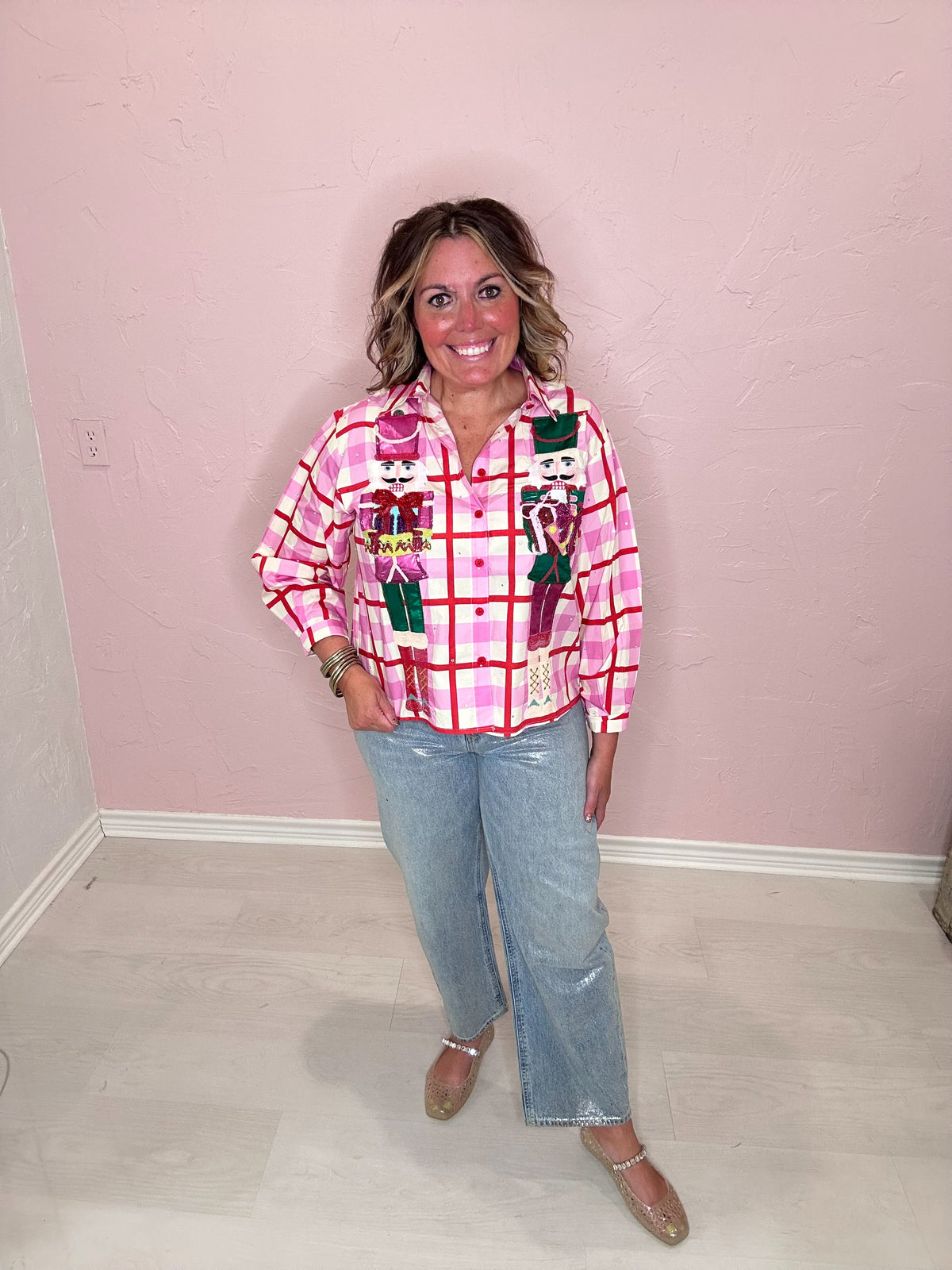 PINK & RED METALLIC NUTCRACKER BUTTON UP