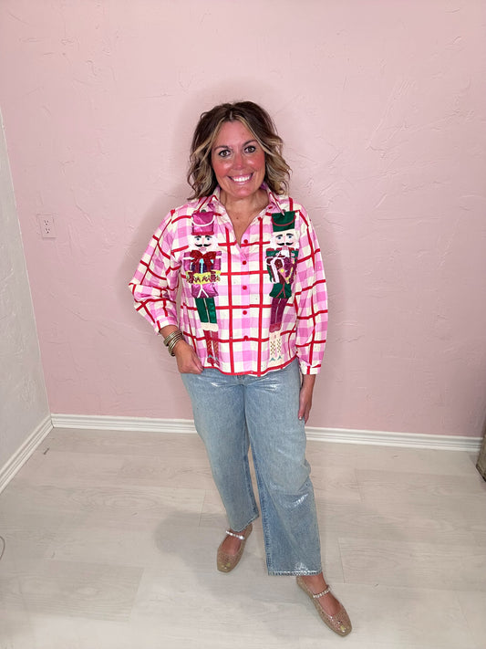 PINK & RED METALLIC NUTCRACKER BUTTON UP