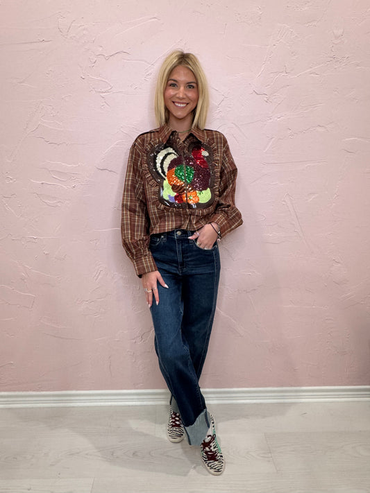 BROWN PLAID TURKEY RUFFLE TOP